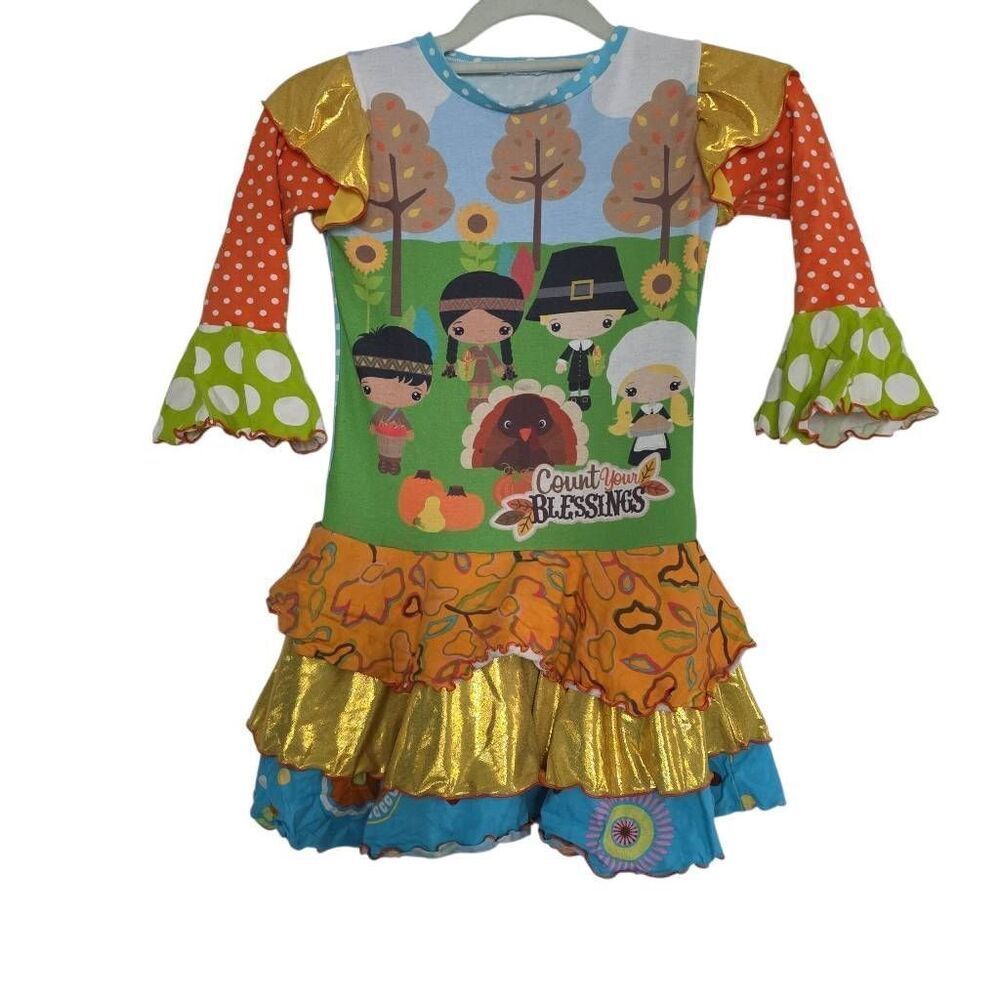 Girl's Size 7/8 Blue Green Thanksgiving Count Your Blessing Ruffled Tier Dress